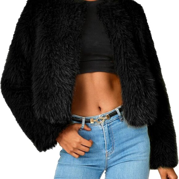 Women's 2025 Winter Coats Fleece Cropped Jacket Faux Fur Long Sleeve Pockets Sha - Picture 1 of 8